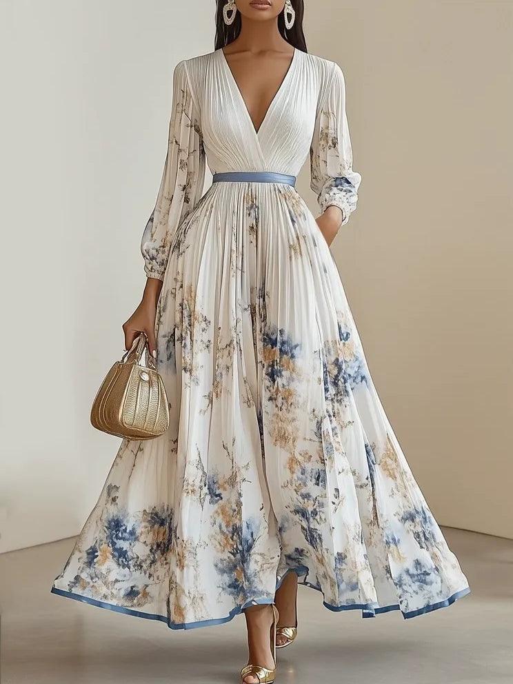 Primavera Nuovo Abito Maxi Chiffon Bianco a Fiori con Scollo a V e Maniche Lunghe a Palloncino A-Linea