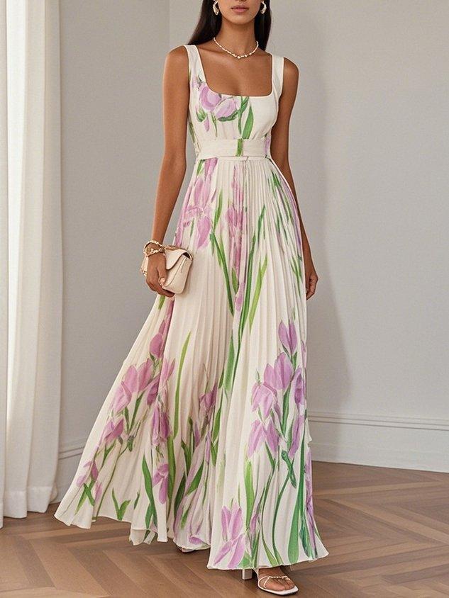 Abito maxì in chiffon plissettato floreale bianco con scollatura quadrata e senza maniche a linea A