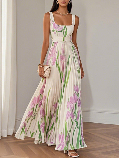 Abito maxì in chiffon plissettato floreale bianco con scollatura quadrata e senza maniche a linea A