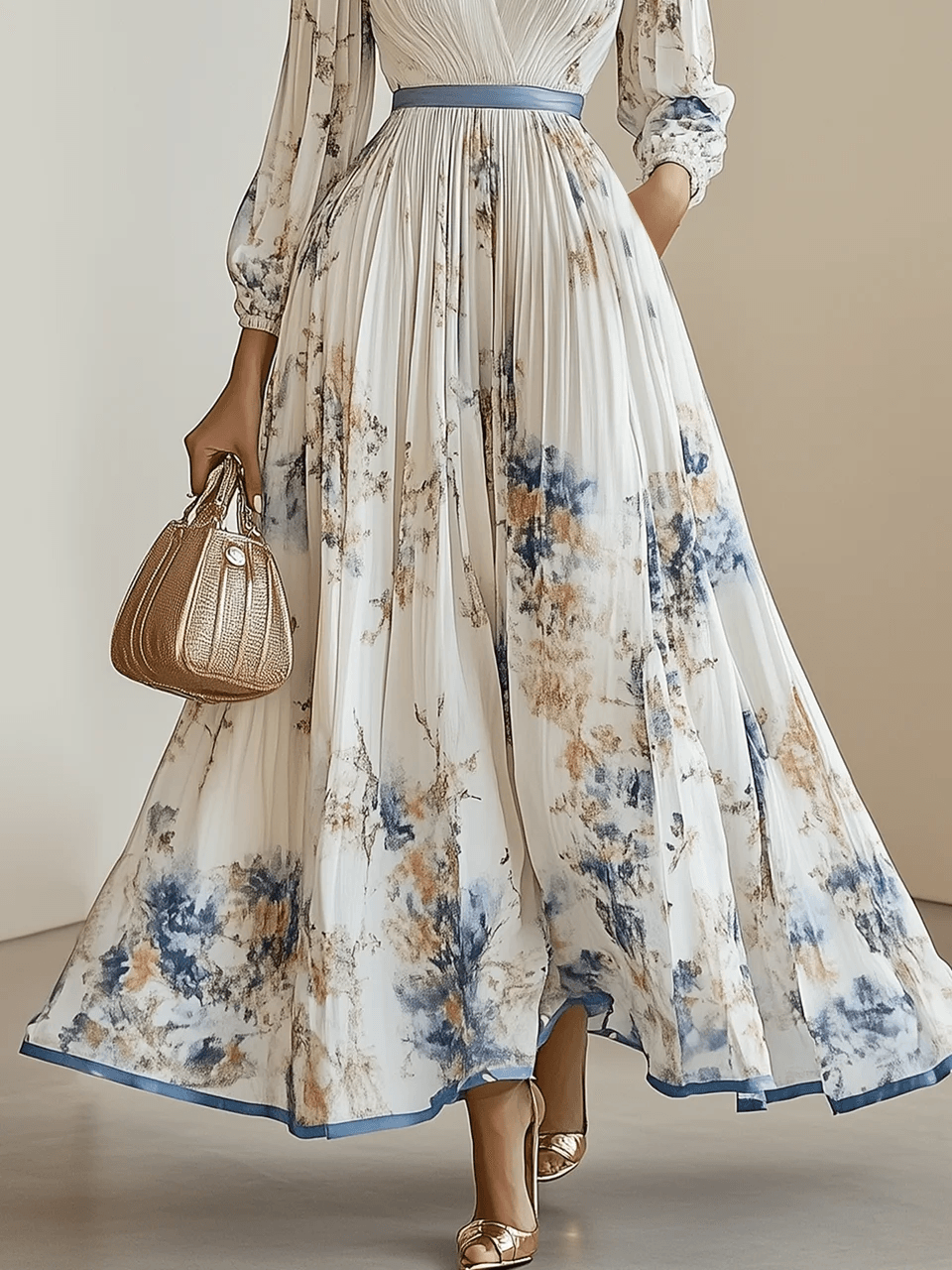 Primavera Nuovo Abito Maxi Chiffon Bianco a Fiori con Scollo a V e Maniche Lunghe a Palloncino A-Linea