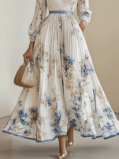 Primavera Nuovo Abito Maxi Chiffon Bianco a Fiori con Scollo a V e Maniche Lunghe a Palloncino A-Linea