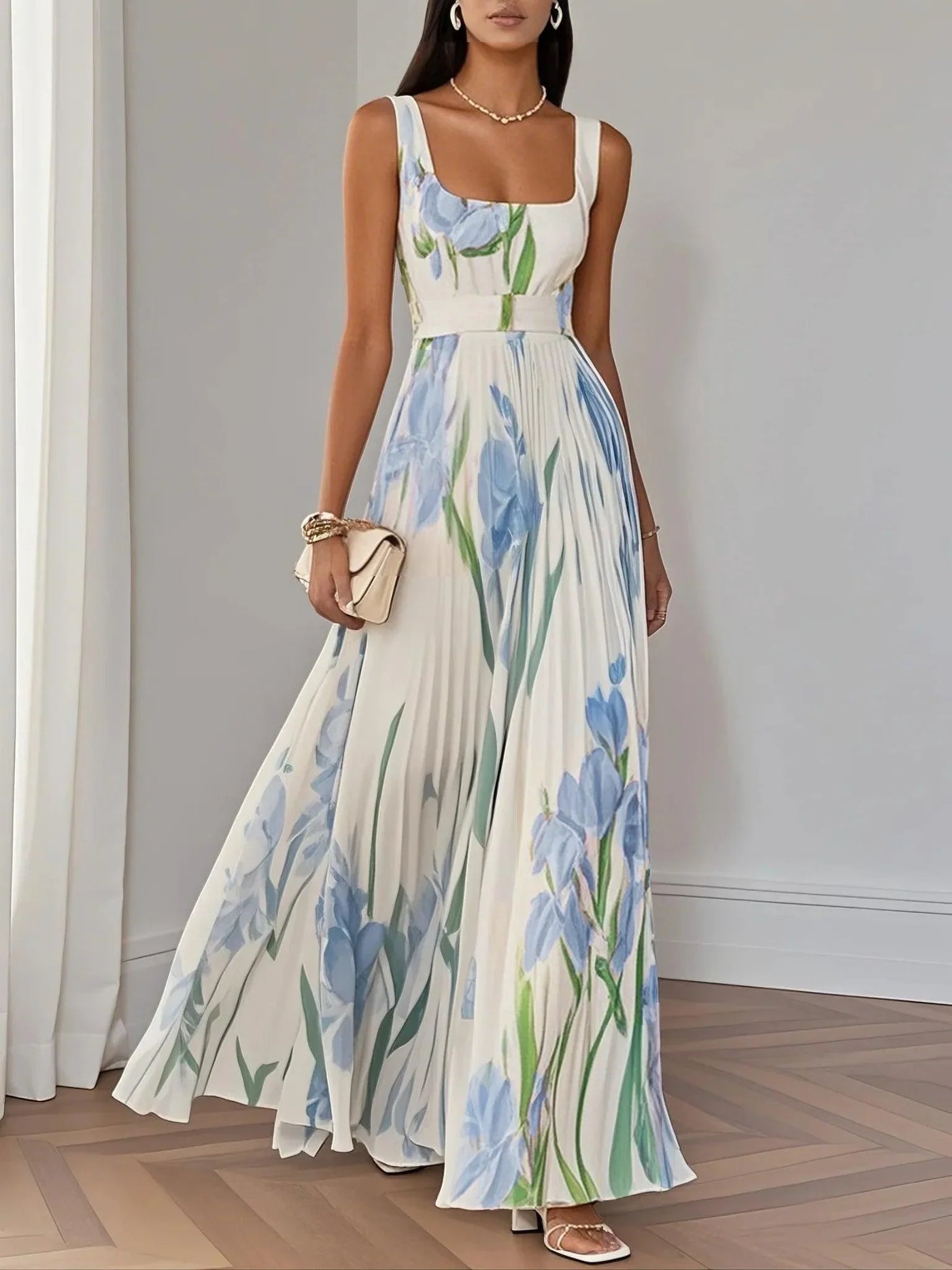 Abito maxì in chiffon plissettato floreale bianco con scollatura quadrata e senza maniche a linea A