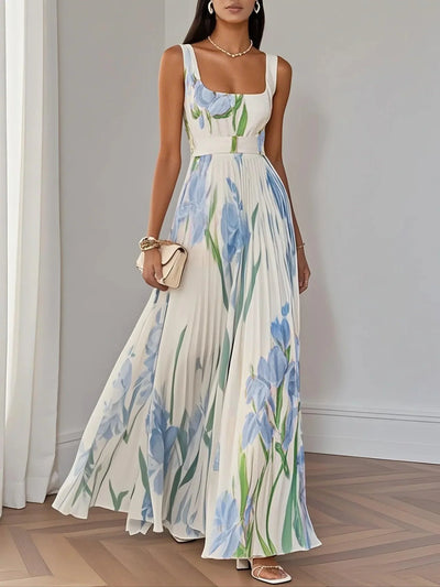 Abito maxì in chiffon plissettato floreale bianco con scollatura quadrata e senza maniche a linea A