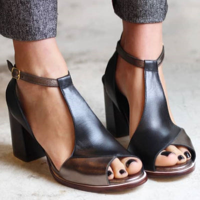Anyao™ Sandali Eleganti con Tacco a Blocco e Punta Aperta in Patchwork Nero – Perfetti per Ogni Occasione