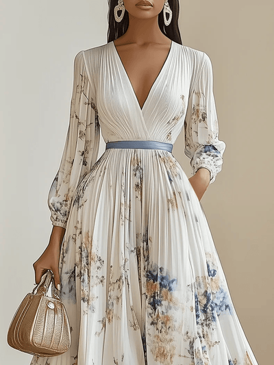 Primavera Nuovo Abito Maxi Chiffon Bianco a Fiori con Scollo a V e Maniche Lunghe a Palloncino A-Linea