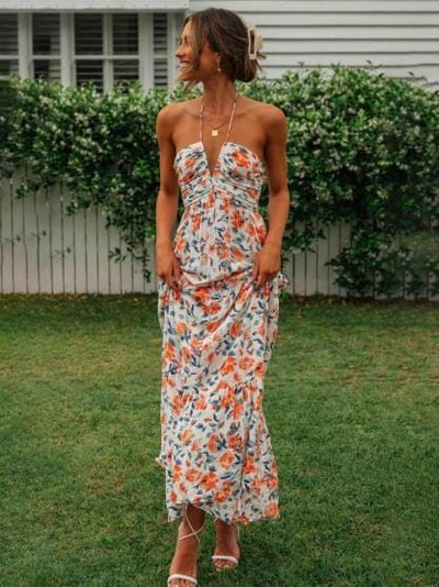 Louise - Maxi-abito estivo con scollo all'americana e motivo floreale