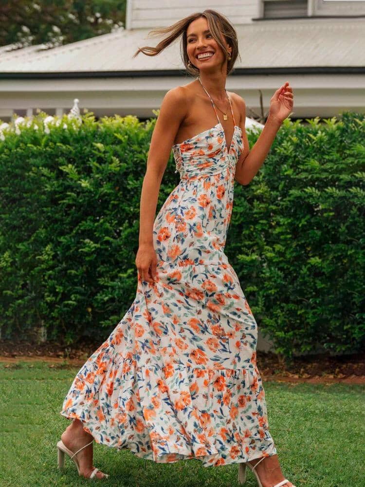 Louise - Maxi-abito estivo con scollo all'americana e motivo floreale