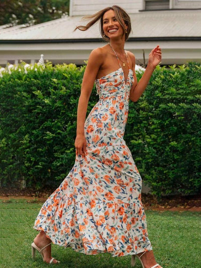 Louise - Maxi-abito estivo con scollo all'americana e motivo floreale