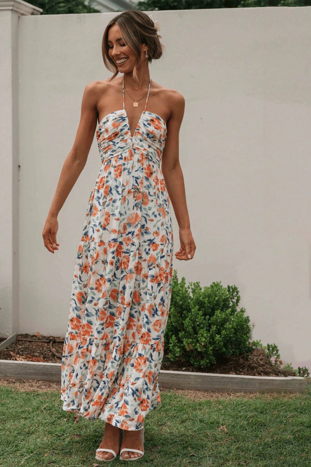 Louise - Maxi-abito estivo con scollo all'americana e motivo floreale